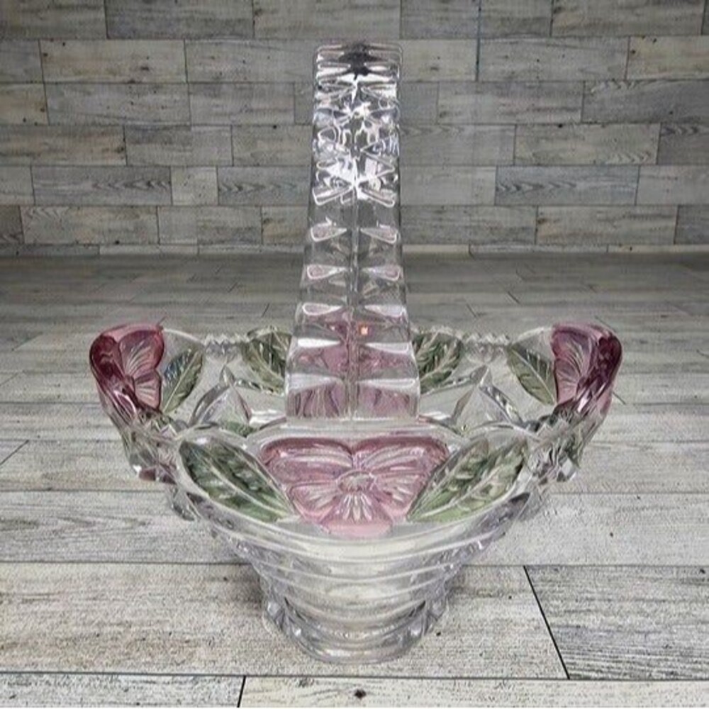 Anne Hutte Bleikristall Lead Crystal Basket 24% P.bO Made in Germany Pink/Green